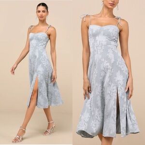 Lulus Loveliest Looks Dusty Blue Floral Jacquard Tie-Strap Midi Dress Large